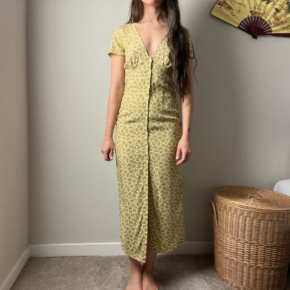 motel yellow floral boho cottage button midi maxi dress